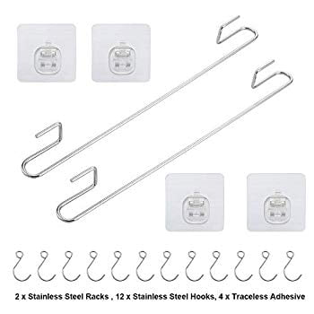 NO DRILLING Wall Mounted Utensil Rail Rack 15.3 Inch Pot 304 Stainless Steel Hanging Hooks for Kitchen Tools 4 Adhesives included E-Gtong 2-Pack Kitchen Rail with 12 Sliding Hooks Towel